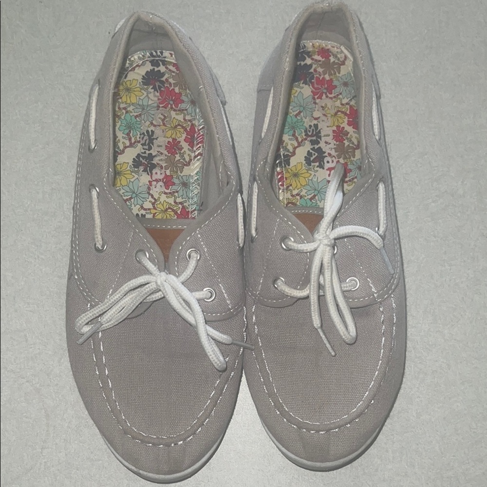 Gray and White Suede Loafers with Moccasin Stitching